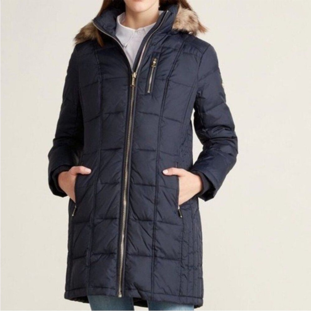 Michael Kors Navy Quilted Long Puffer Coat with Faux Fur Trim
